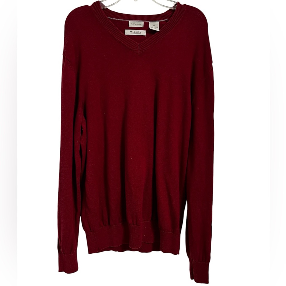 Mens MADISON FINE PIMA COTTON burgundy V neck sweater. Size Medium.